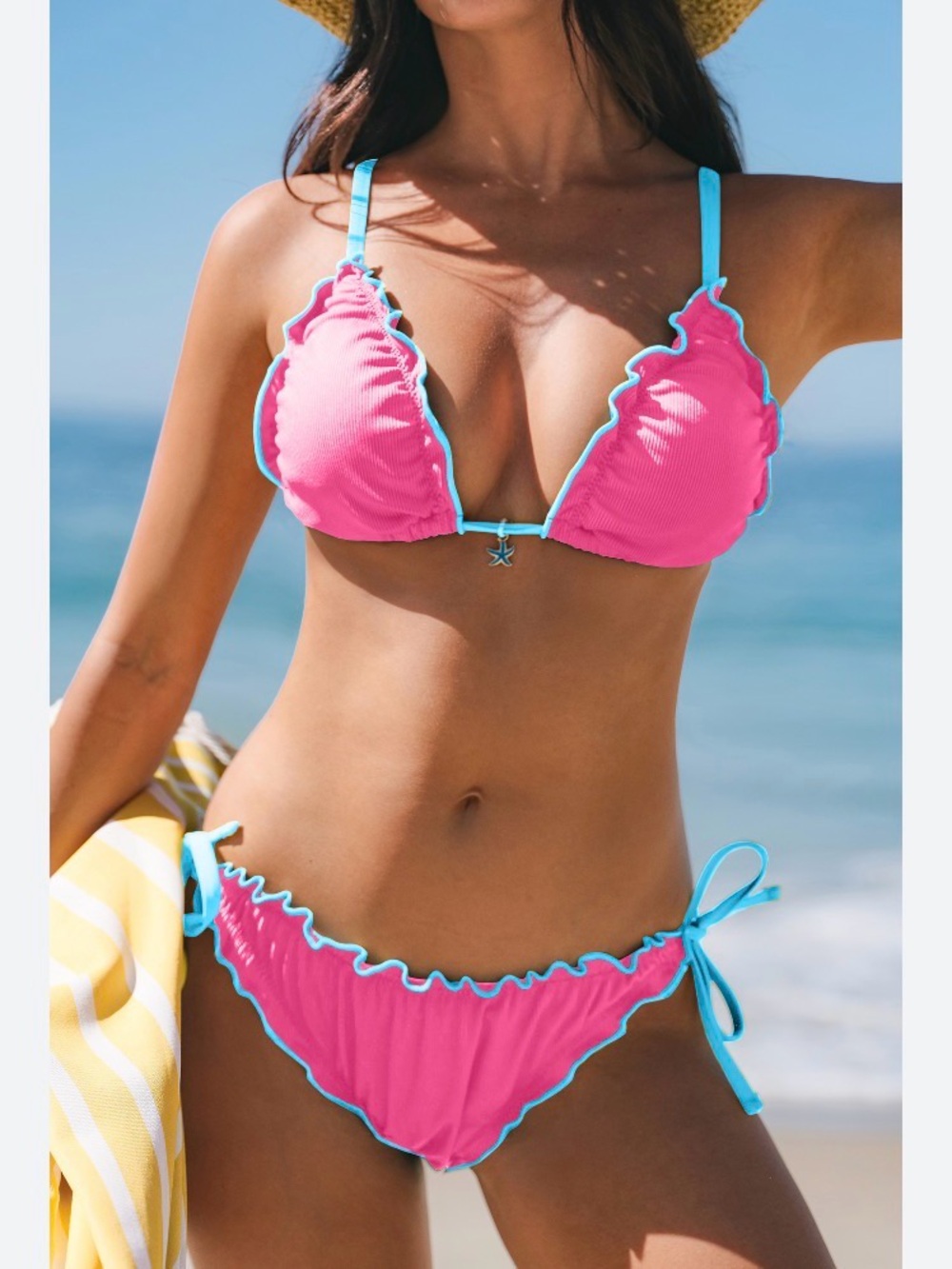 NWT New Cupshe Coral Kiss Pink Bikini Set Bottoms Triangle Top Ruffle Medium M